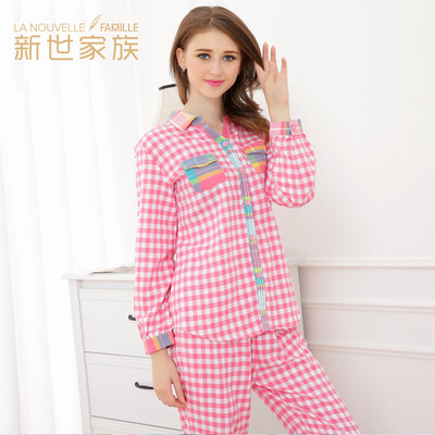 

Miyuki family pajamas women &39s cotton fall lattice long - sleeved home service XB4761 pink grid XL