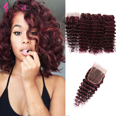 

Red Bundles With Closure 8-30 Brazilian Virgin Hair Deep Wave Hair Weave 99j 100 Human Hair Extensions Brazilian Hair 3Bundles