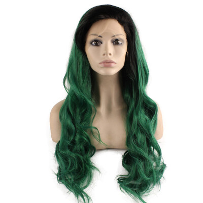 

Long Wavy Black Green Two Tone Lace Front Ombre Wig