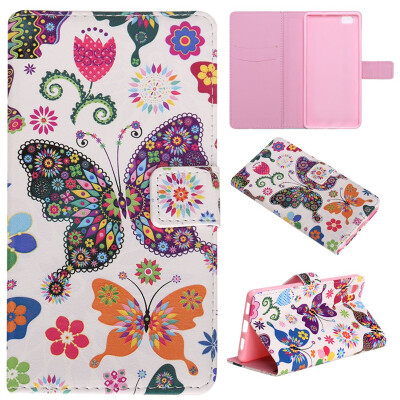 

Colorful Butterfly Design PU Leather Flip Cover Wallet Card Holder Case for HUAWEI P8 Lite