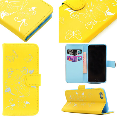 

Yellow Hot Stamping Foil Gold Design PU Leather Flip Cover Wallet Card Holder Case for iPhone 6 Plus