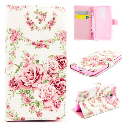 

Pink Rose Design PU Leather Flip Cover Wallet Card Holder Case for LG Leon