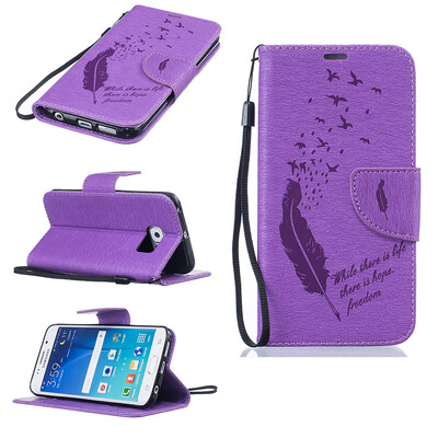 

Purple Feathers and birds Style Embossing Classic Flip Cover with Stand Function and Credit Card Slot for SAMSUNG GALAXY S6 Edge