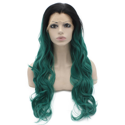 

Long Wavy Black Green Two Tone Lace Front Ombre Wig