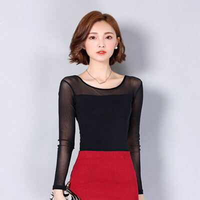 

Fubixi FUBIXIAN spring and autumn women's wild round neck net yarn bottoming shirt D2565 black