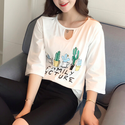 

VIVAHEART Korean casual loose hollow print T-shirt T-shirt female Korean version of the round neck coat VWTD173132 white M