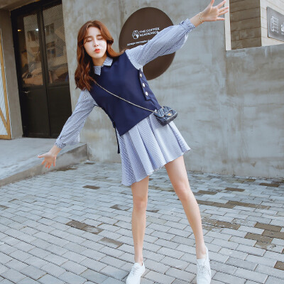 

MILANYIN Women&39s 2017 spring long-sleeved dress Korean version of the thin vest striped shirt skirt dress skirt two-piece suit ML028 blue
