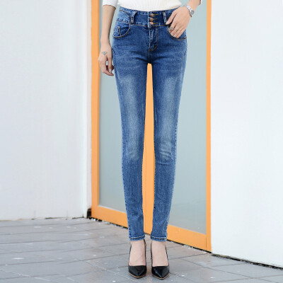 

City plus CITYPLUS simple fashion high waist stretch buckle stitching Slim pencil jeans female CWKN16T375 blue 29