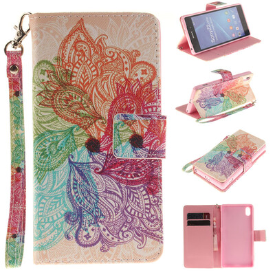 

Colorful flowers Design PU Leather Flip Cover Wallet Card Holder Case for SONY Xperia Z2
