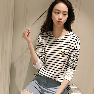 

Longyue Women&39s Striped Long Sleeve T-Shirt Smile Academy Windy Simple Lingerie LWTC173417 White