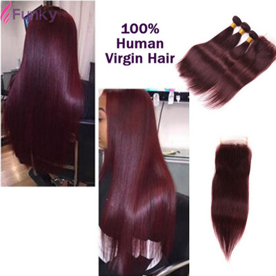 

7A Burgundy Brazilian Hair Straight With Closure 99J Wine Red Brazilian Hair 3 Bundles With Closure Human Hair No Shedding