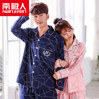 

Antarctic (Nanjiren) cotton pajamas home service men and women couples pajamas can wear long-sleeved cardigan cotton leisure home service suit female models M