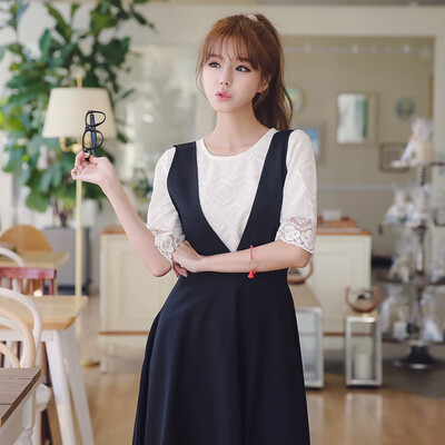 

Longyue Women's College Wind Two-piece Dress Pleated Lace Bottom T-shirt + Tiny-back Dress LWZETZ1604 White