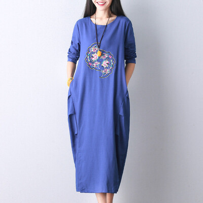 

MAXWAY Women's 2017 Retro Chinese Style National Wind Embroidered Dress Long Sleeve Long Sleeve Long Sleeve One-piece Dress MW094 Blue