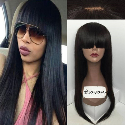 

150 Density Silky Straight Full Lace Human Hair Wigs With Full Bangs Brazilian Virgin Lace Front Wig Natural Hairline For Women