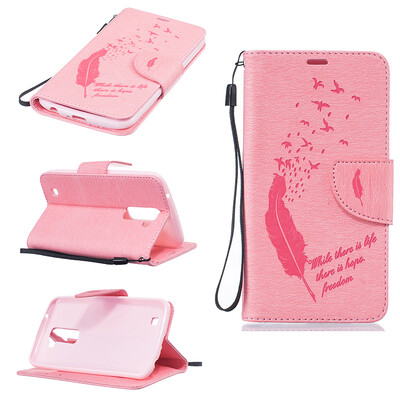 

Pink Feathers and birds Style Embossing Classic Flip Cover with Stand Function and Credit Card Slot for LG K10