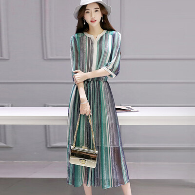 

Siberian woman 2017 spring&summer dress female Korean version of the fashion waist is thin loose loose long skirt S71R0642A1553L green stripes L