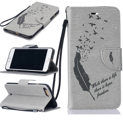 

Gray Feathers and birds Style Embossing Classic Flip Cover with Stand Function and Credit Card Slot for IPHONE 7 Plus
