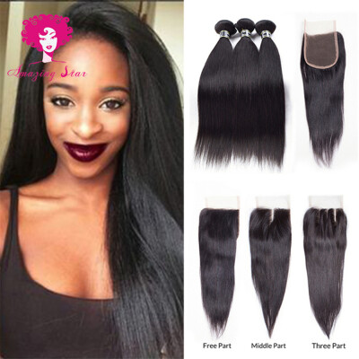 

Amazing Star Hair Straight Hair Brazilian Virgin Hair 3 Bundles with 4x4 Closure 7A Grade Gorgeous Hair Bundles with Closure