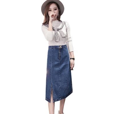 

Longyue women&39s high waist skirt wild denim skirt was thin skirt open skirt Slim package hip skirt LWQZ172306 blue L
