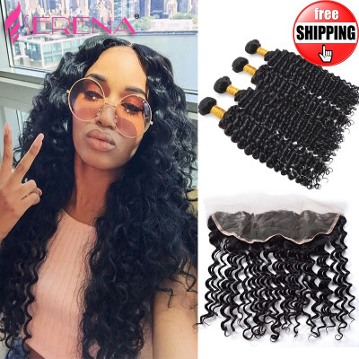 

Indian Virgin Hair 13x4 Lace Frontal Closure With Bundles Deep Wave Curly Hair Ear to Ear Lace Frontal Indian Curly Virgin Hair