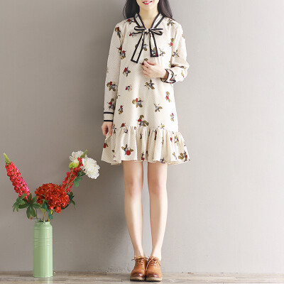 

City Plus CITYPLUS Art Romantic retro hit color tie printing dress CWQZ173152 rice white