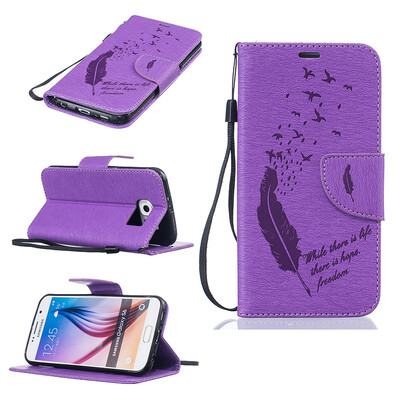 

Purple Feathers and birds Style Embossing Classic Flip Cover with Stand Function and Credit Card Slot for SAMSUNG GALAXY S6
