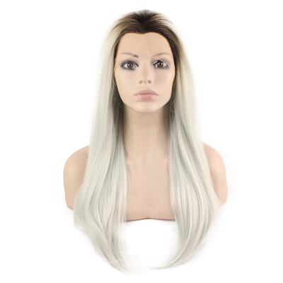 

Iwona Synthetic Hair Lace Front Long Stright Dark Root Ombre Light Blue Two Tone Wig