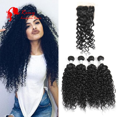 

CZ Hair Brazilian Water Wave 4 Bundles with 1pc Free Part Lace Closure Unprocessed Virgin Human Hair Extensions Natural Black