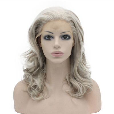 

16inch Shoulder Length Wavy Gray Blonde Natural Lace Front Synthetic Wig