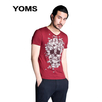 

(YOMS) short-sleeved T-shirt male fine cotton business casual V-neck print short-sleeved bottoming shirt male 52226043 wine red L