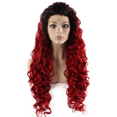 

26inch Long Curly Black Red Ombre Heat Resistant Hair Lace Front Wig