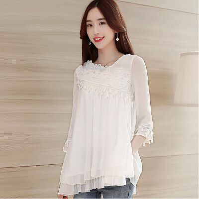 

A pond morning 2017 spring and summer fashion chiffon shirt long sleeve wide loose large size shirt T shirt S61A0023A7S white S