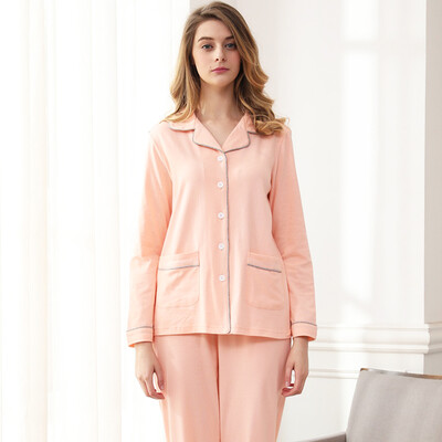 

Модальные пары пижамы женщины хлопок с длинными рукавами брюки лацкан кардиган сплошной цвет домашний сервис костюм светлый порошок L