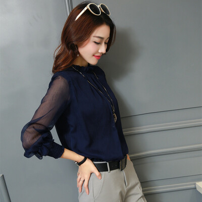 

sustory ladies 2017 spring Korean long-sleeved chiffon shirt lace bottoming shirt women&39s wild shirt coat tide SU031 navy blue