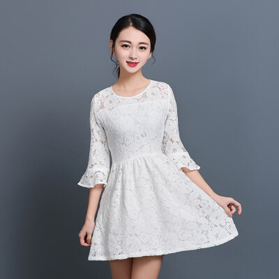 

KuoyiHouse 7010 lace dress Korean version of the round neck collar Slim was thin female nine cents hood sleeve lace skirt white XL
