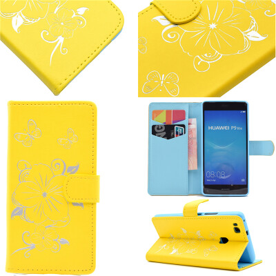 

Yellow Hot Stamping Foil Gold Design PU Leather Flip Cover Wallet Card Holder Case for Huawei P9 Lite