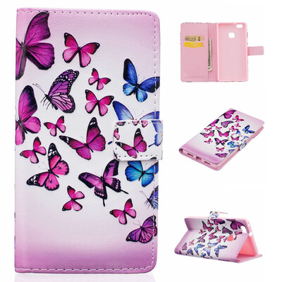 

Pink&blue butterfly Design PU Leather Flip Cover Wallet Card Holder Case for HUAWEI P9 Lite