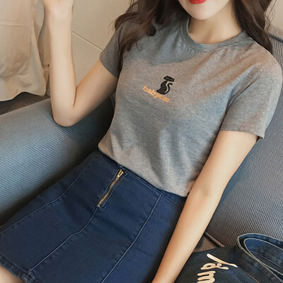 

Long Yue Women's simple short-sleeved T-shirt kitten printed fashion wild Slim LWTD173113 gray L