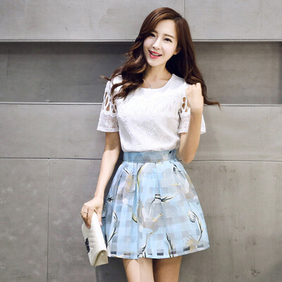 

Long Yue Women Korean Summer High&Autumn Dresses Slim Set LA16052402 White Blue L