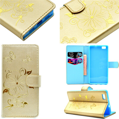 

Gold Hot Stamping Foil Gold Design PU Leather Flip Cover Wallet Card Holder Case for Huawei P8 Lite