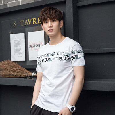 

Yishistyle) stitching camouflage round neck short sleeve T-shirt male ZYT006 white