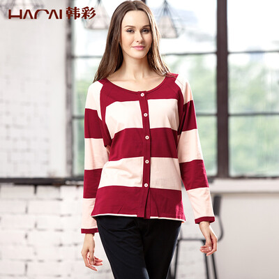 

[Jingdong supermarket] Han Cai (HACAI) pajamas women's long-sleeved pajamas round collar cardigan loose loose large yards can be used to wear home suits jujube 160/85 (M)