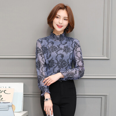 

sustory women&39s clothing 2017 spring chiffon shirt round neck shirt Slim long-sleeved lace shirt Korean version of the wild rendering SU040 blue M