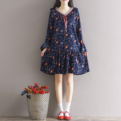 

CITYPLUS Arts & Crafts Relaxation Chiffon Print Speaker Sleeve Dress CWQZ172458 Blue M