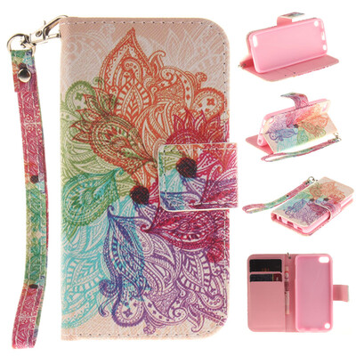 

Colorful flowers Design PU Leather Flip Cover Wallet Card Holder Case for iPad Touch 56