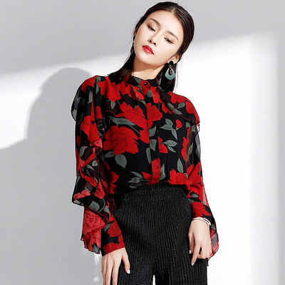 

MAZOE Printed Shirt Chiffon Wood Ear Big Flower Short Bat Sleeve Top Shirt M008 Red Rose