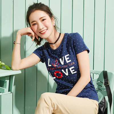 

Semir T-shirt summer student embroidery wave point printing round neck bottoming shirt 12216000012 blue&white tone