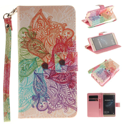 

Colorful flowers Design PU Leather Flip Cover Wallet Card Holder Case for HUAWEI P9