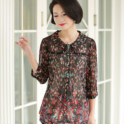 

Simple fox 2017 new middle-aged women spring chiffon shirt shirt mother spring&summer clothing T-shirt black&red flower 4XL